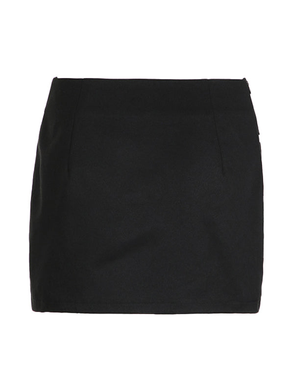 BLACK MINI SKIRT WITH WHITE TIE BOW SPLICE LOW WAIST DESIGN