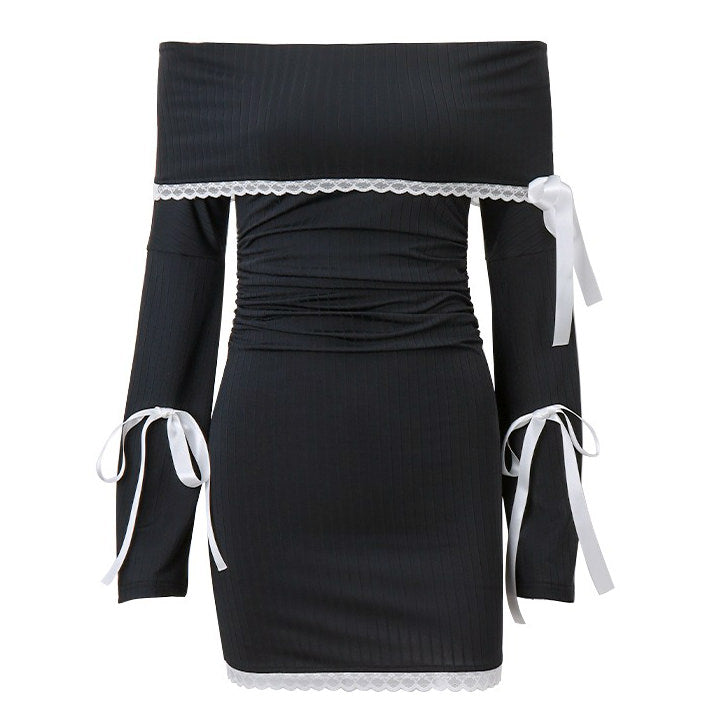 BLACK OFF-SHOULDER MINI DRESS WITH WHITE LACE AND RIBBON ACCENTS