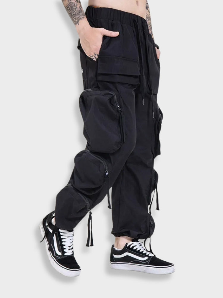 BLACK PADDED CARGO PANTS POCKET CARGO DESIGN