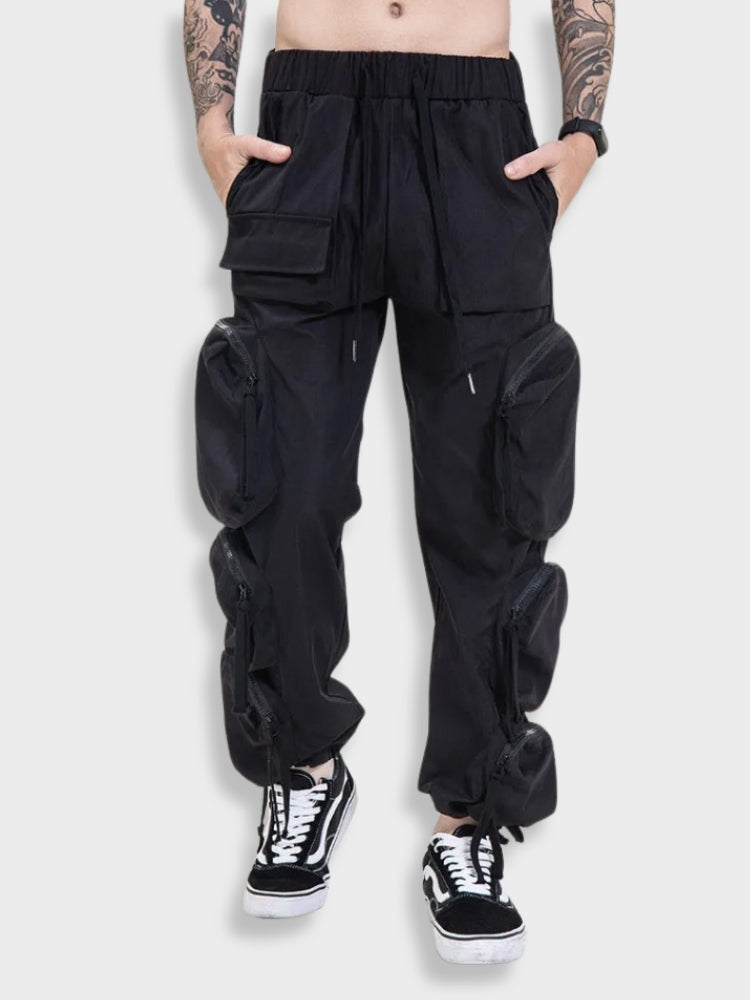 BLACK PADDED CARGO PANTS POCKET CARGO DESIGN