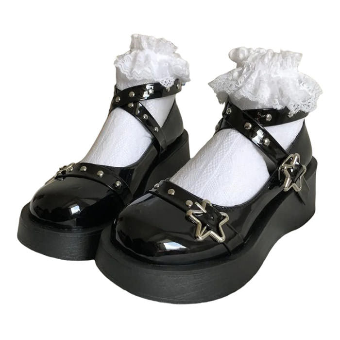 BLACK PATENT PLATFORM MARY JANE SHOES FOR WOMEN