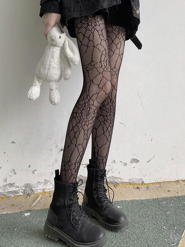 BLACK PATTERNED FISHNET TIGHTS WITH SPIDER WEB PATTERN