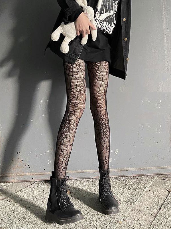BLACK PATTERNED FISHNET TIGHTS WITH SPIDER WEB PATTERN