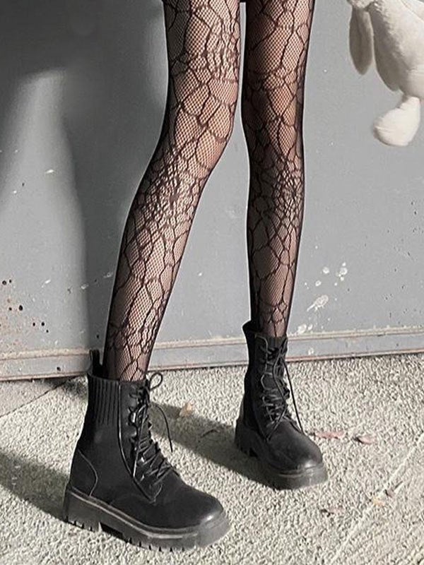 BLACK PATTERNED FISHNET TIGHTS WITH SPIDER WEB PATTERN