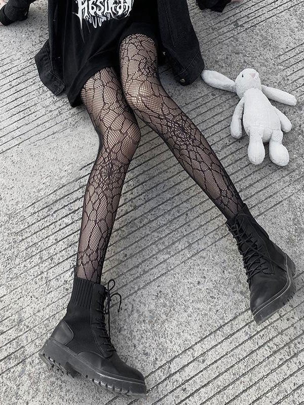 BLACK PATTERNED FISHNET TIGHTS WITH SPIDER WEB PATTERN