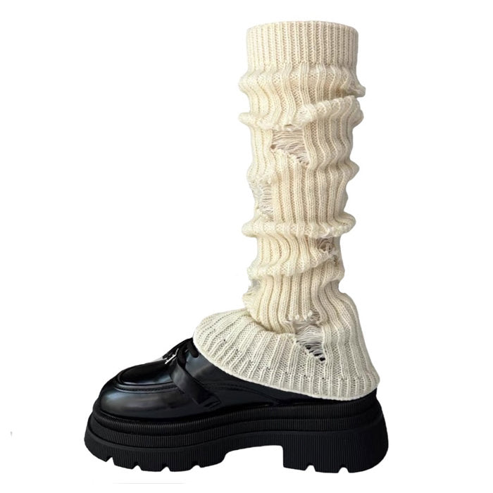 BLACK PLATFORM SHOE WITH GRAY KNIT LEG WARMER FOR FASHION STATEMENT