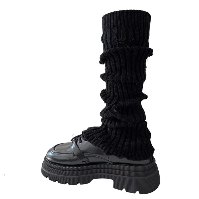 BLACK PLATFORM SHOE WITH GRAY KNIT LEG WARMER FOR FASHION STATEMENT