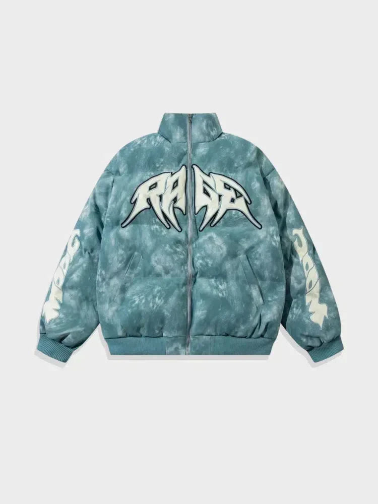 BLACK PUFFER JACKET WITH RAGE GRAPHIC - PUFFER JACKET