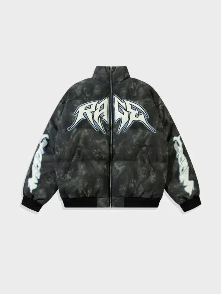 BLACK PUFFER JACKET WITH RAGE GRAPHIC - PUFFER JACKET