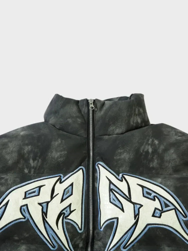 BLACK PUFFER JACKET WITH RAGE GRAPHIC - PUFFER JACKET