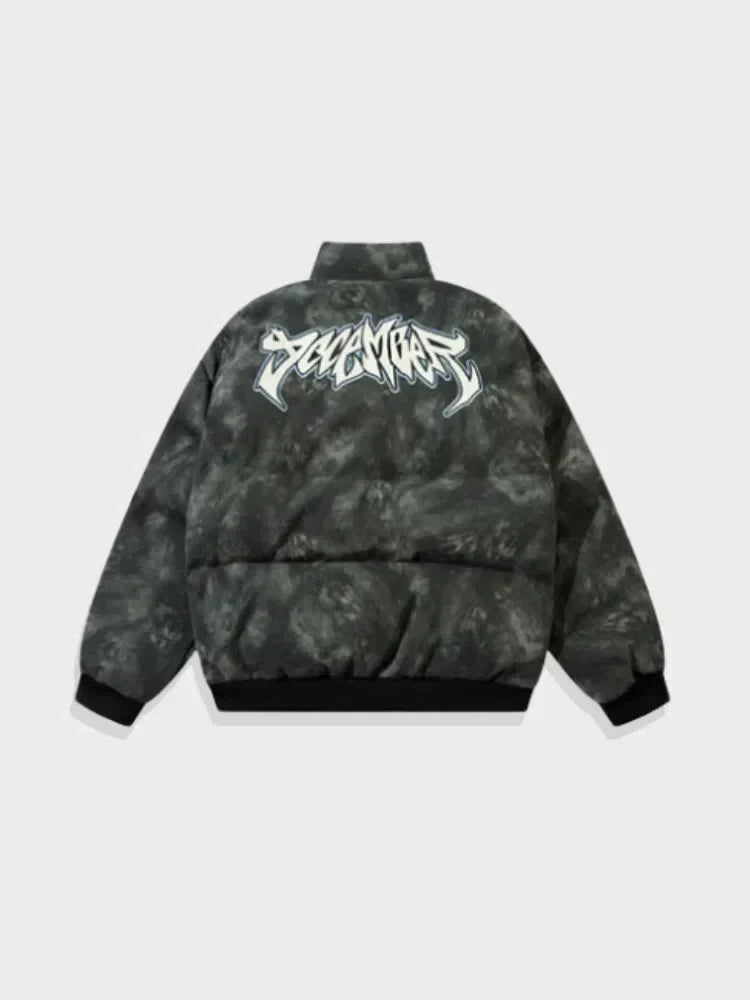 BLACK PUFFER JACKET WITH RAGE GRAPHIC - PUFFER JACKET