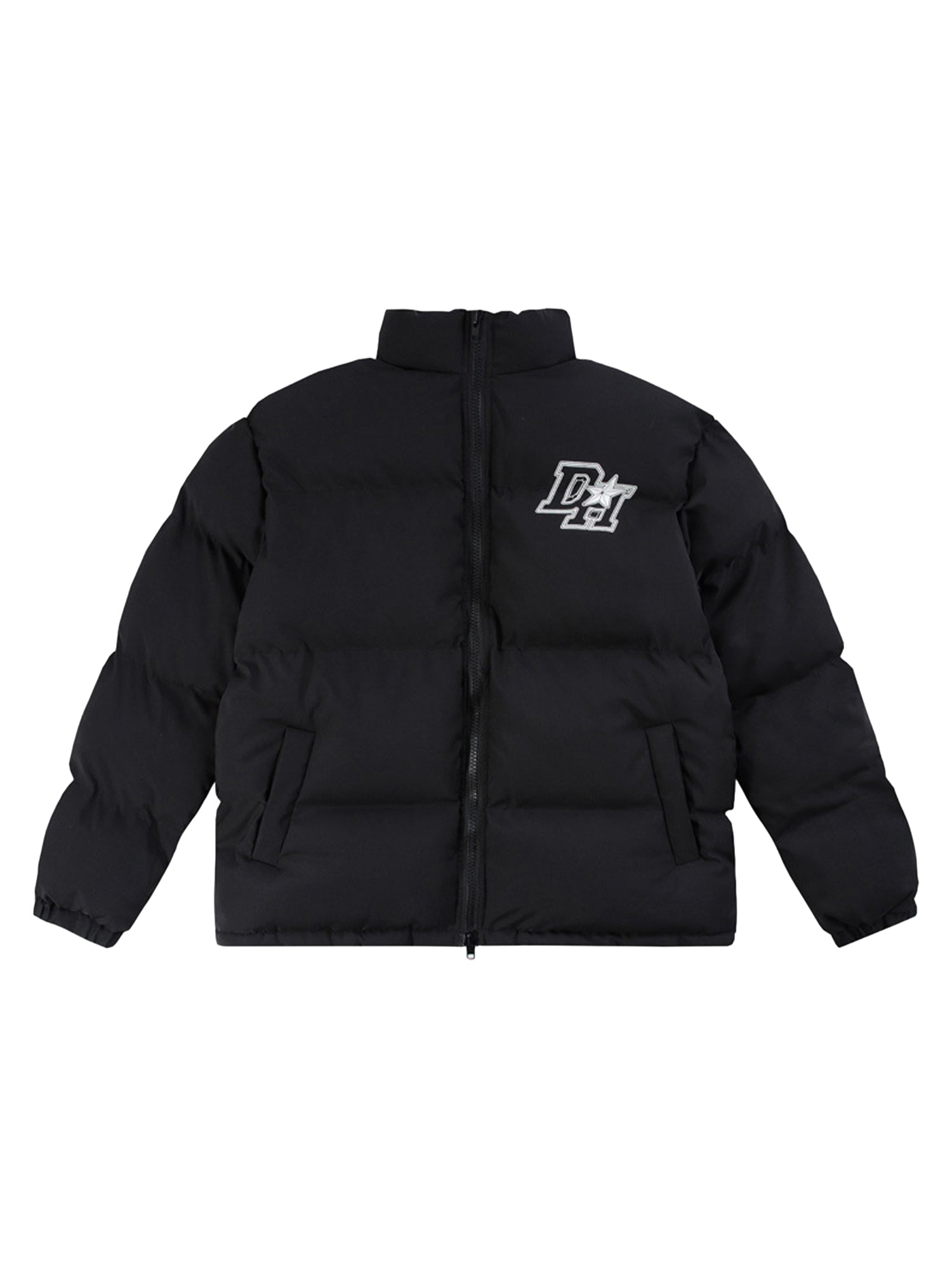 BLACK PUFFER JACKET WITH WHITE LOGO - TRENDY CASUAL OUTERWEAR