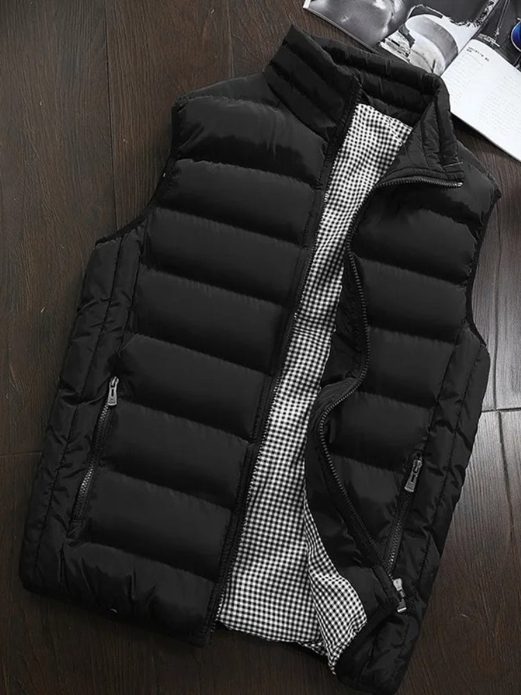 BLACK PUFFER VEST WITH CHECKERED LINING FOR PERFECT FIT AND SIZE CHART