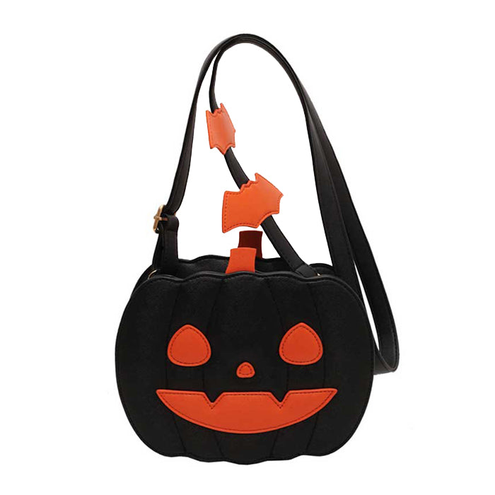 BLACK PUMPKIN-SHAPED PURSE WITH ORANGE ACCENTS FOR HALLOWEEN