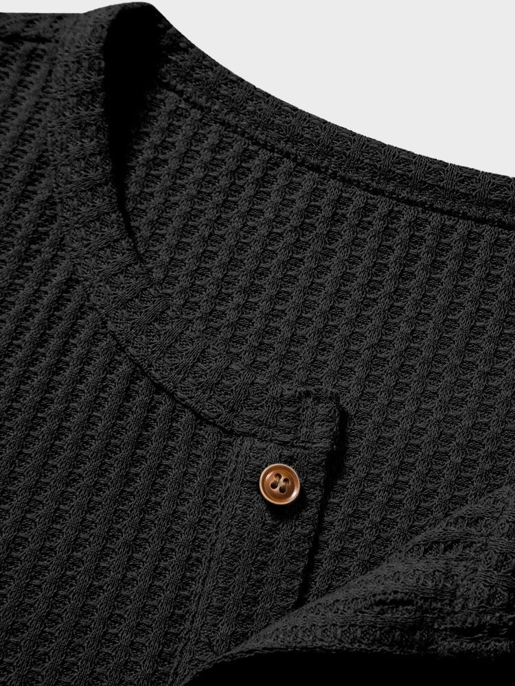 BLACK RIBBED HENLEY SHIRT - TIMELESS ELEGANCE JACQUARD SHIRT
