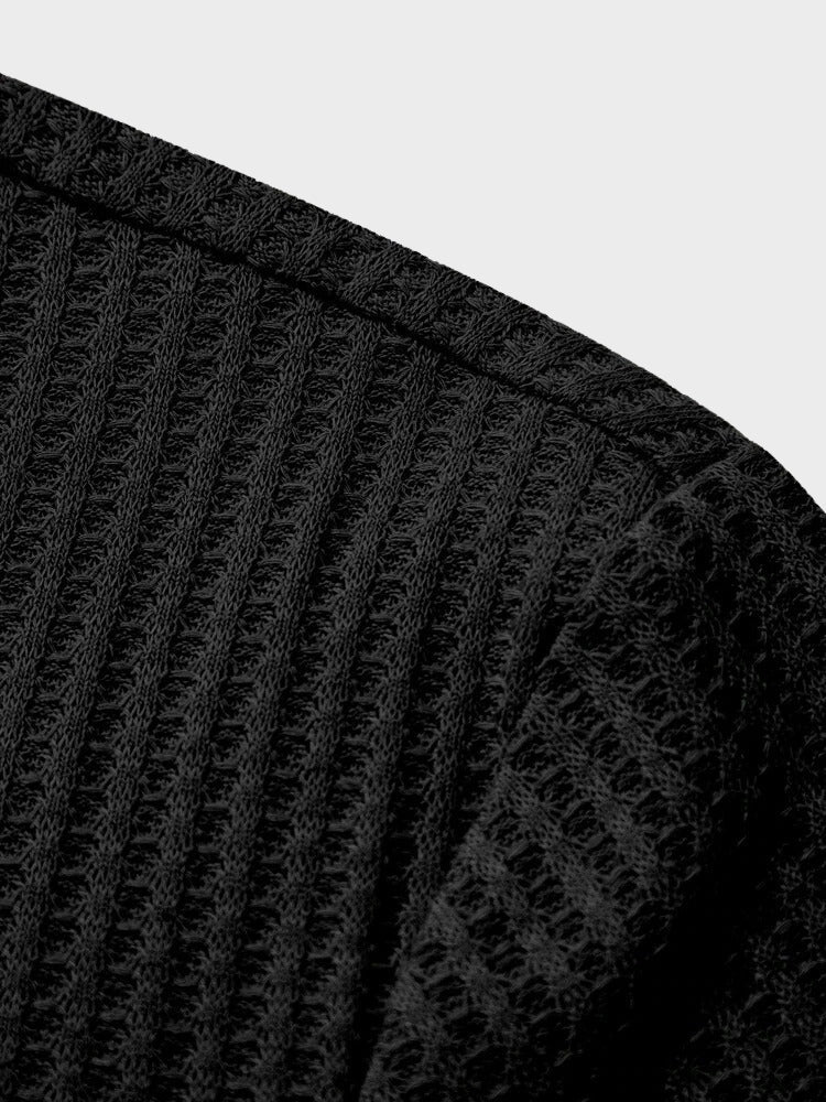 BLACK RIBBED HENLEY SHIRT - TIMELESS ELEGANCE JACQUARD SHIRT