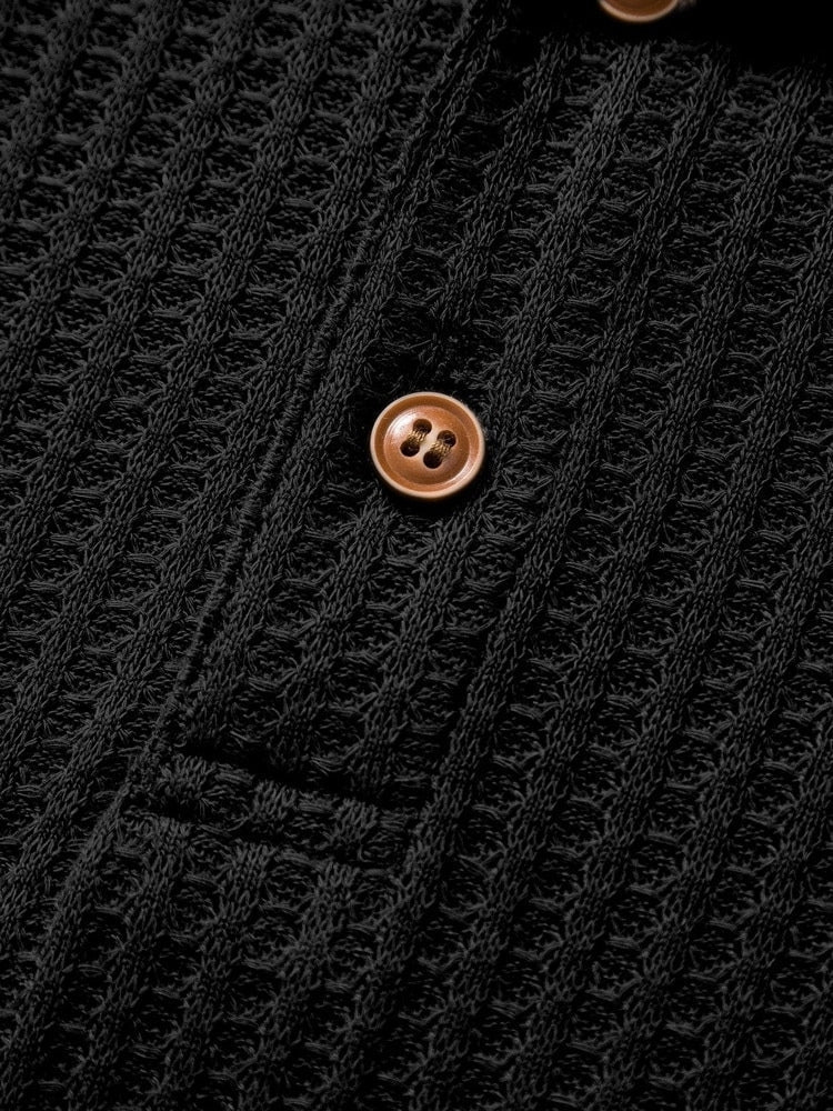 BLACK RIBBED HENLEY SHIRT - TIMELESS ELEGANCE JACQUARD SHIRT