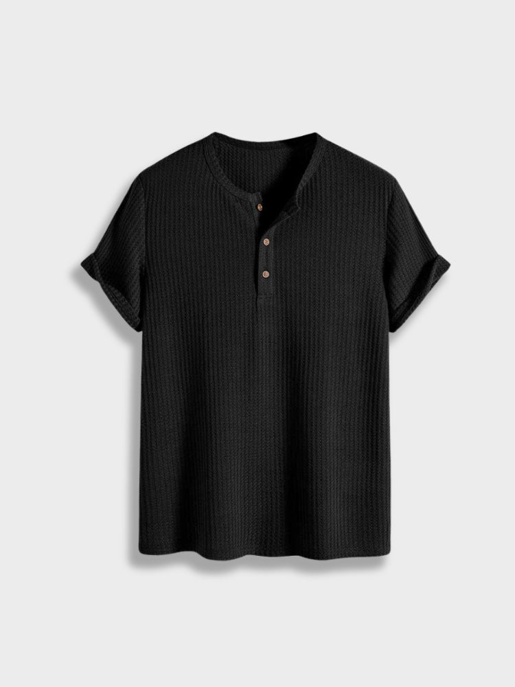 BLACK RIBBED HENLEY SHIRT - TIMELESS ELEGANCE JACQUARD SHIRT