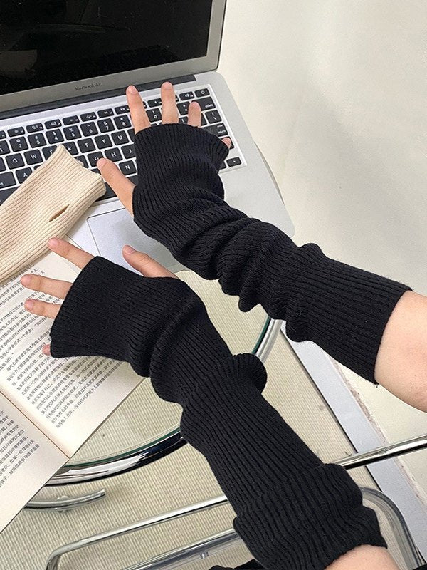 BLACK RIBBED KNIT FINGERLESS GLOVES SWEET PATTERN CASUAL