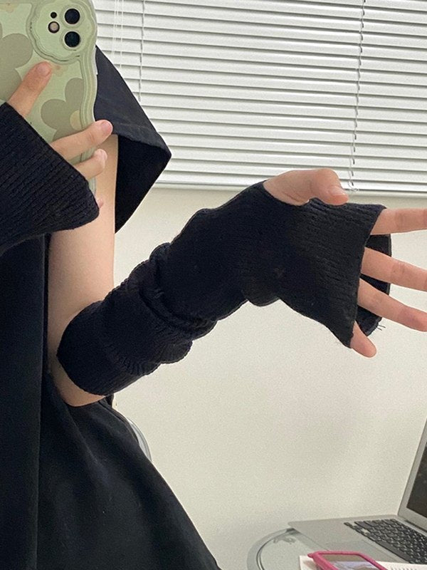 BLACK RIBBED KNIT FINGERLESS GLOVES SWEET PATTERN CASUAL