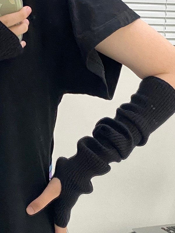 BLACK RIBBED KNIT FINGERLESS GLOVES SWEET PATTERN CASUAL
