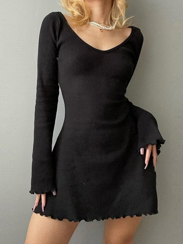 BLACK RIBBED LONG SLEEVE MINI DRESS - SLIM FIT BLACK MINI DRESS