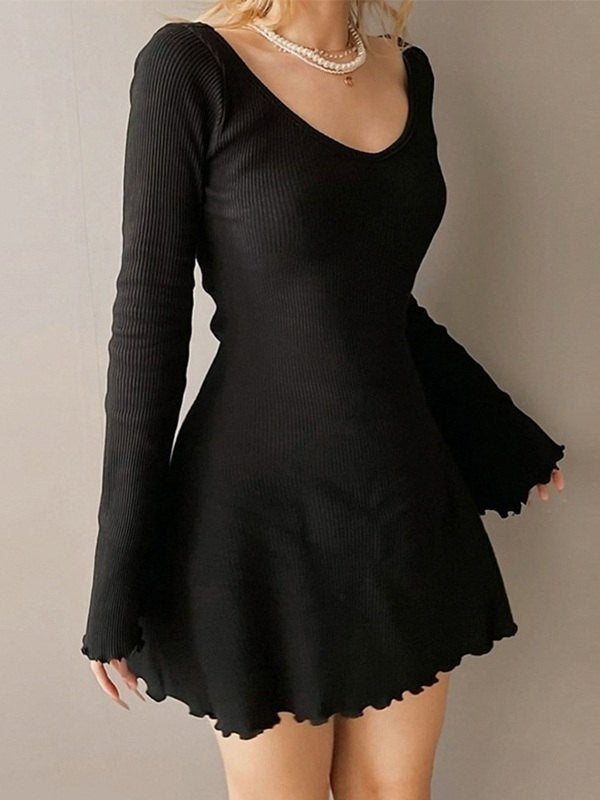 BLACK RIBBED LONG SLEEVE MINI DRESS - SLIM FIT BLACK MINI DRESS