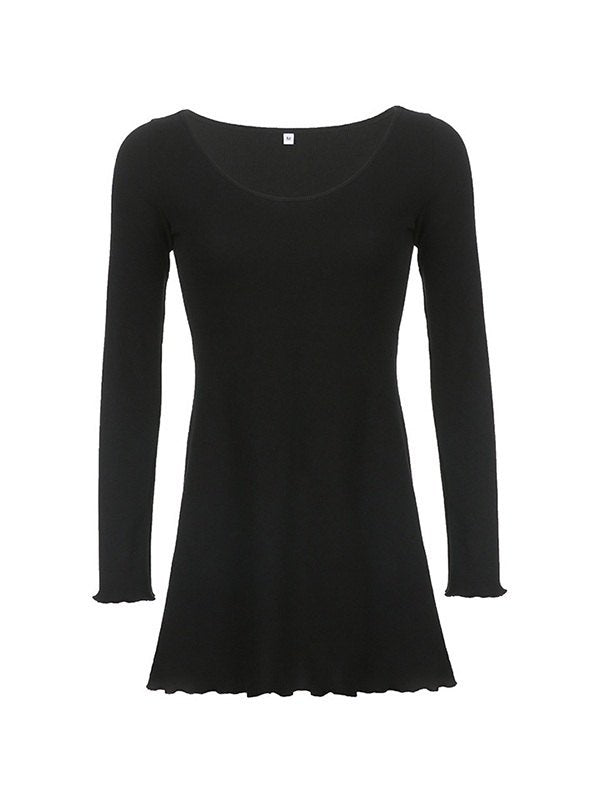 BLACK RIBBED LONG SLEEVE MINI DRESS - SLIM FIT BLACK MINI DRESS