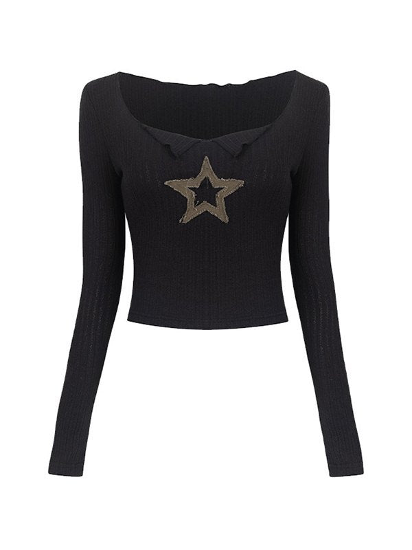 BLACK RIBBED LONG-SLEEVE TOP WITH STAR EMBELLISHMENT SLIM FIT Y2K STYLE