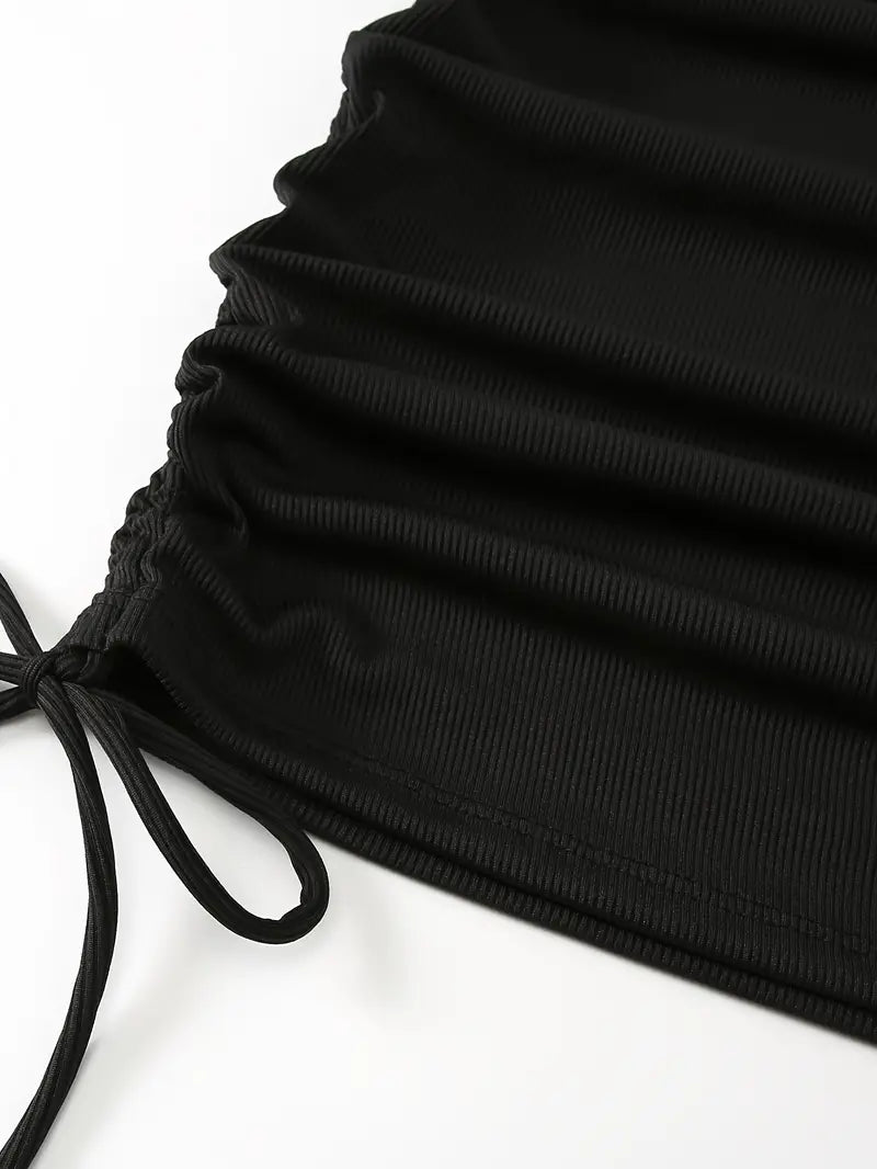 BLACK RUCHED MINI SKIRT WITH TIE DRAWSTRING DETAIL