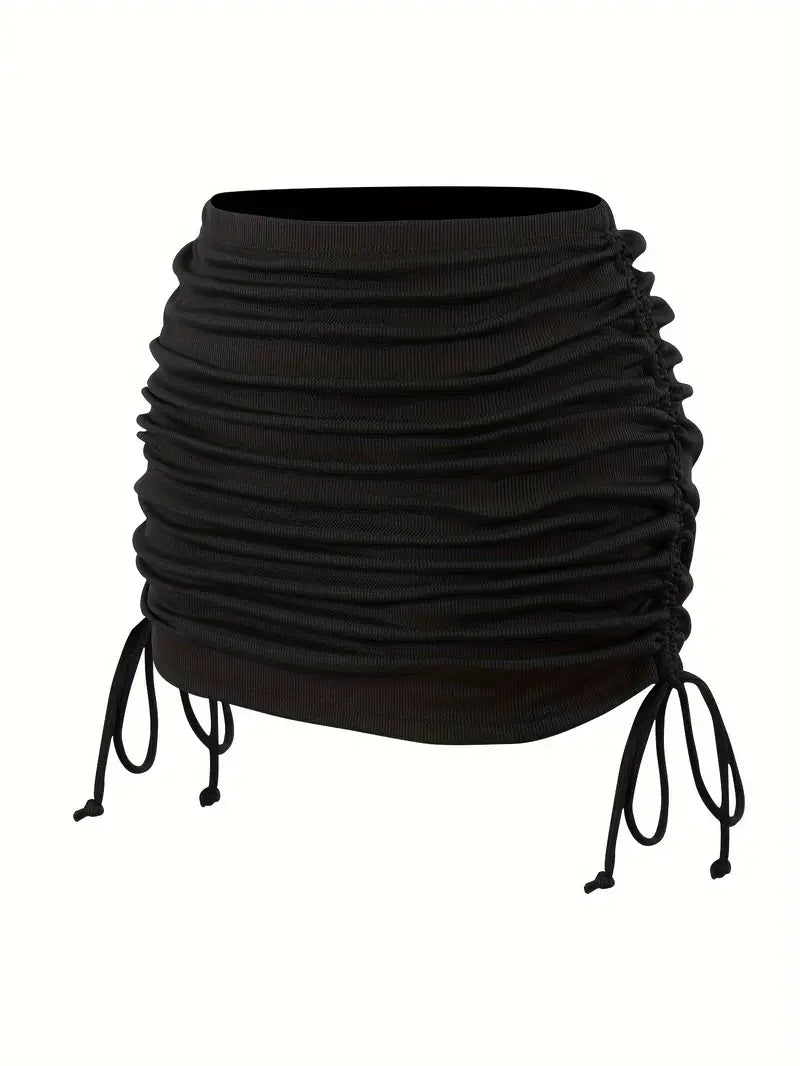 BLACK RUCHED MINI SKIRT WITH TIE DRAWSTRING DETAIL