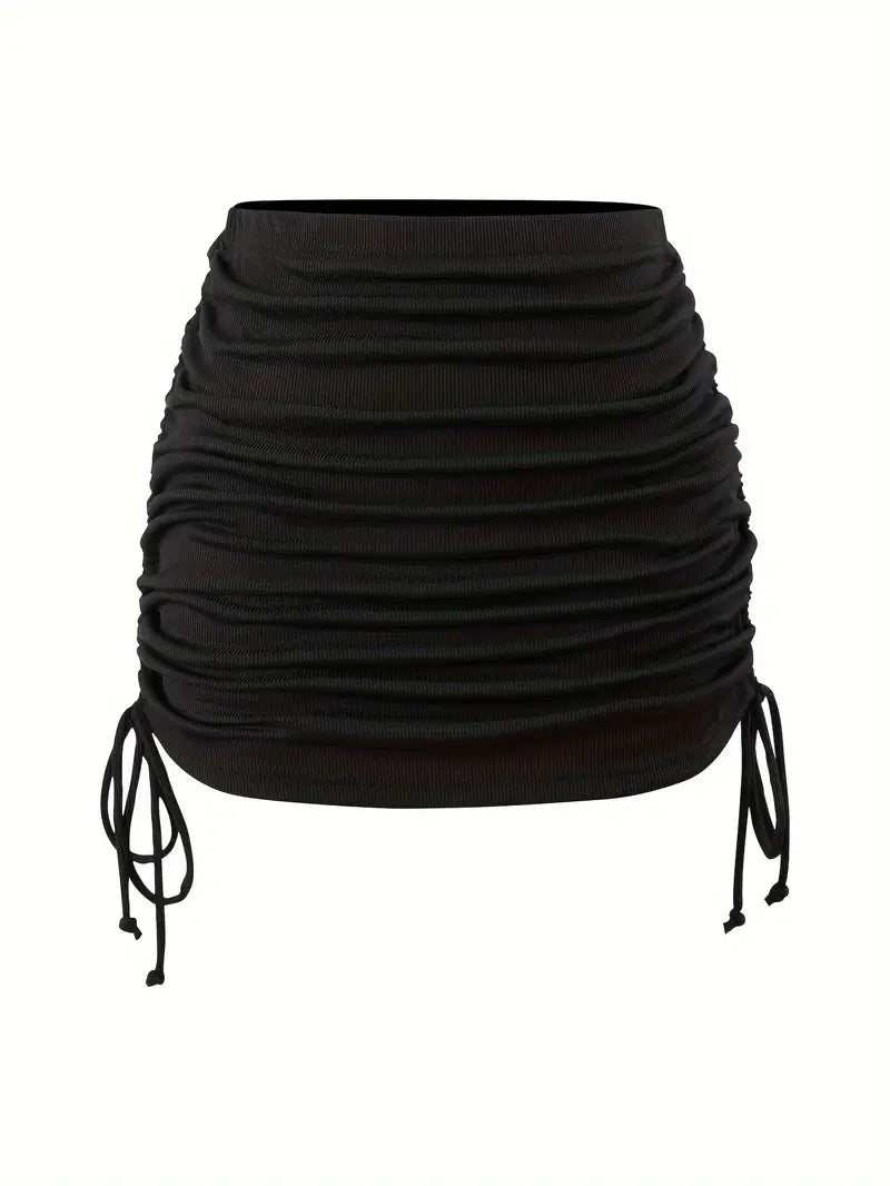 BLACK RUCHED MINI SKIRT WITH TIE DRAWSTRING DETAIL