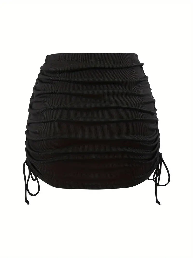 BLACK RUCHED MINI SKIRT WITH TIE DRAWSTRING DETAIL