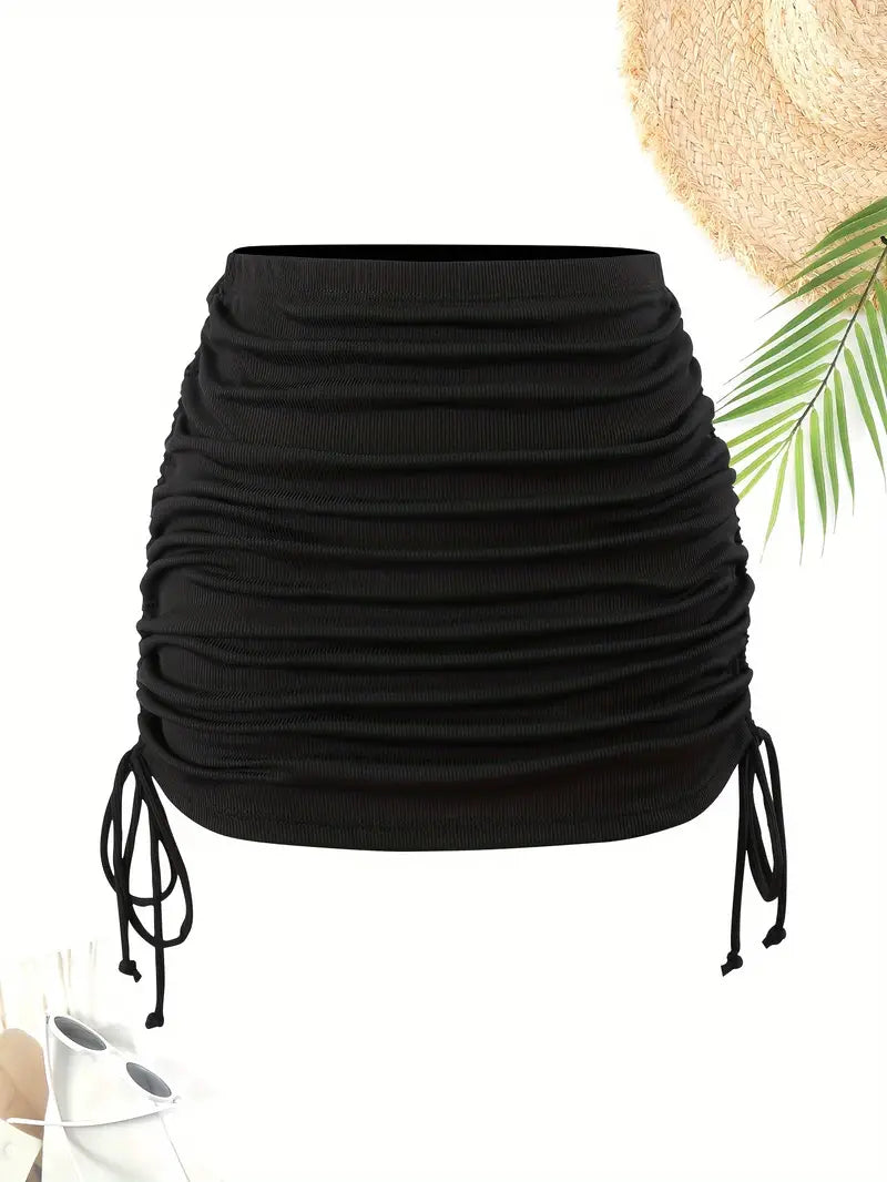 BLACK RUCHED MINI SKIRT WITH TIE DRAWSTRING DETAIL