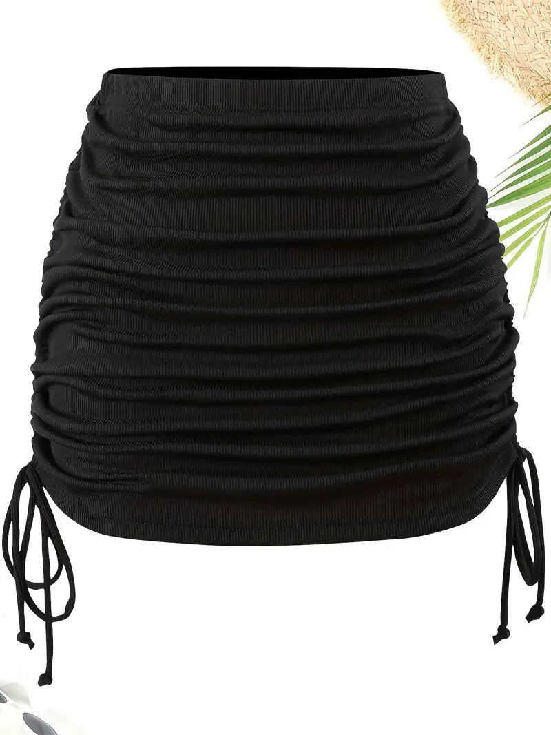 BLACK RUCHED MINI SKIRT WITH TIE DRAWSTRING DETAIL