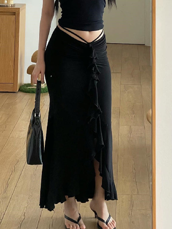 BLACK RUFFLED MAXI SKIRT WITH BLACK MIDI SKIRT APPEAL