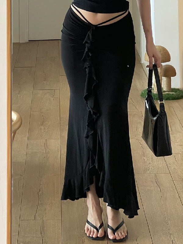 BLACK RUFFLED MAXI SKIRT WITH BLACK MIDI SKIRT APPEAL