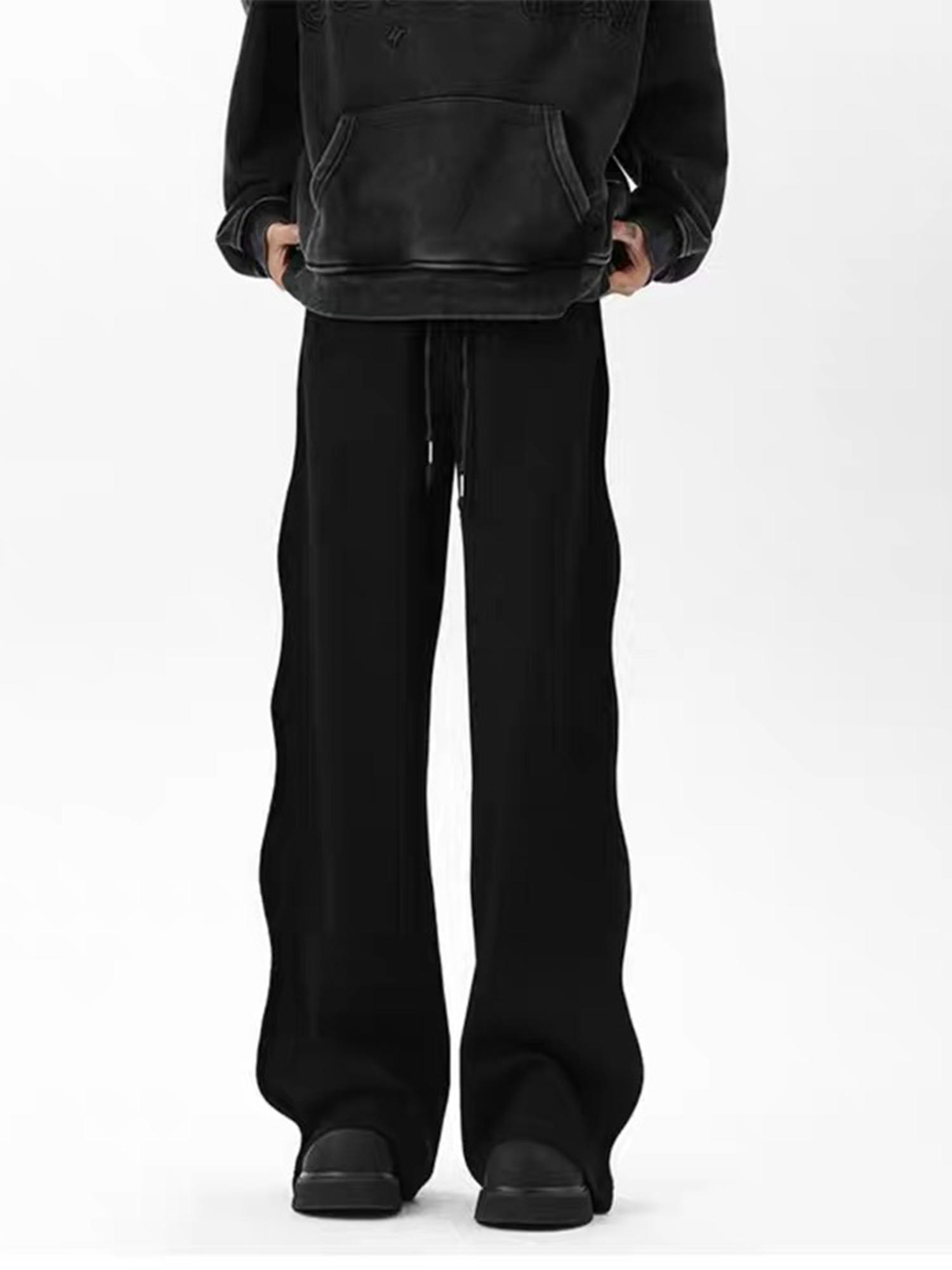 BLACK RUFFLED SIDE DETAIL STRAIGHT LEG SWEATPANTS