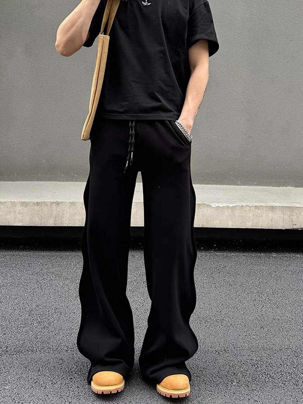 BLACK RUFFLED SIDE DETAIL STRAIGHT LEG SWEATPANTS