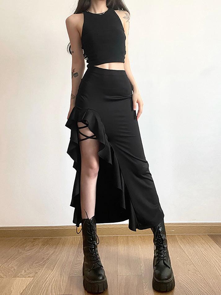 BLACK RUFFLED SKIRT WITH LEG STRAPS - BLACK HIGH WAIST GOTH SKIRT