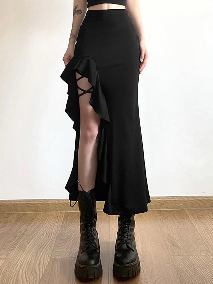 BLACK RUFFLED SKIRT WITH LEG STRAPS - BLACK HIGH WAIST GOTH SKIRT