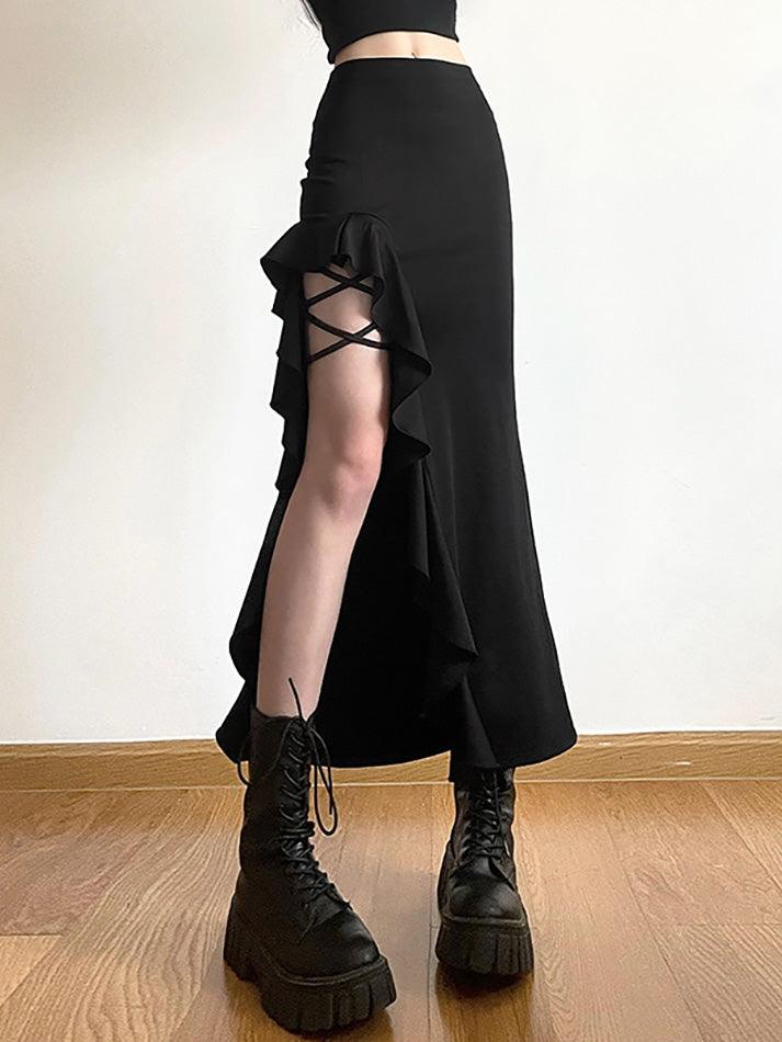 BLACK RUFFLED SKIRT WITH LEG STRAPS - BLACK HIGH WAIST GOTH SKIRT