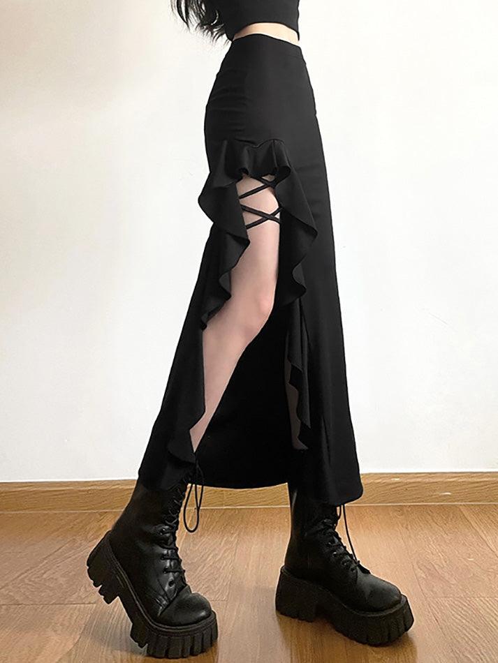 BLACK RUFFLED SKIRT WITH LEG STRAPS - BLACK HIGH WAIST GOTH SKIRT