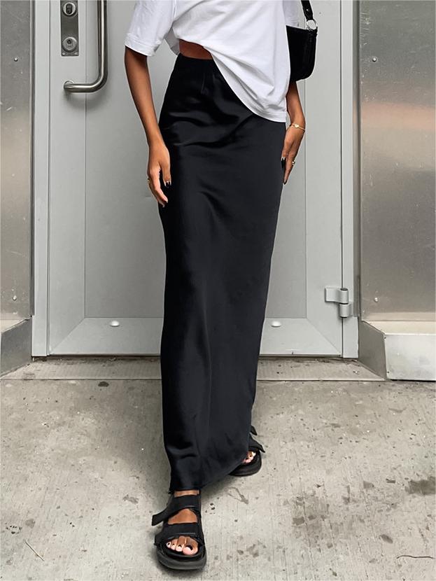 BLACK SATIN MAXI SKIRT - CLASSIC SOLID COLOR ELEGANCE