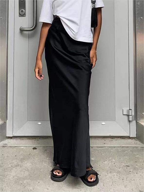 BLACK SATIN MAXI SKIRT - CLASSIC SOLID COLOR ELEGANCE
