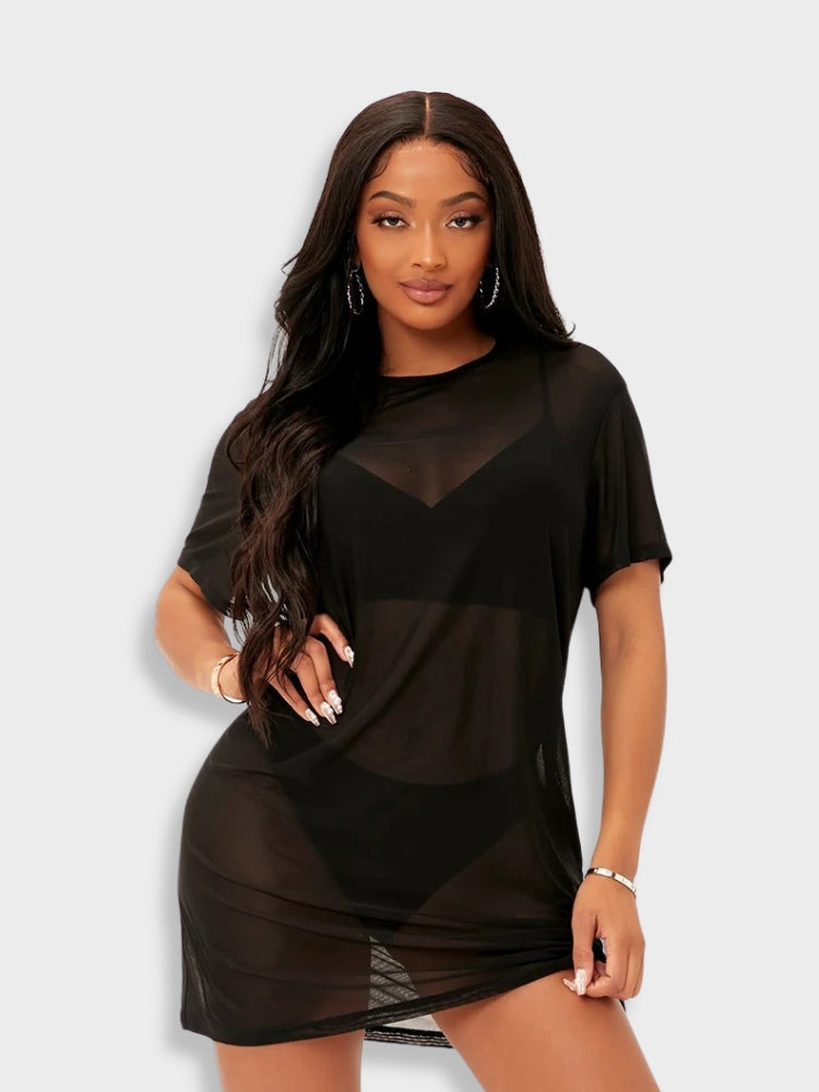 BLACK SHEER COVER-UP DRESS WITH SPANDEX BLENDED STRETCH FOR PERFECT FIT