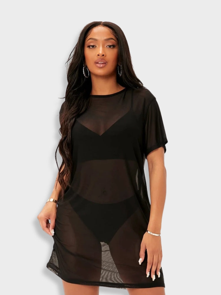 BLACK SHEER COVER-UP DRESS WITH SPANDEX BLENDED STRETCH FOR PERFECT FIT