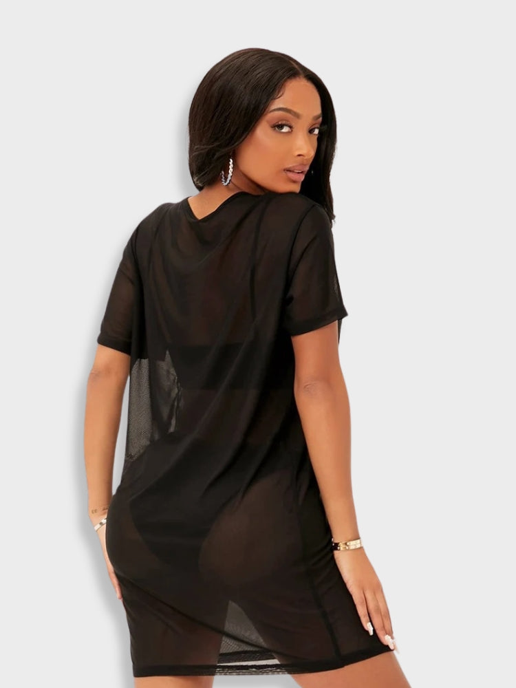 BLACK SHEER COVER-UP DRESS WITH SPANDEX BLENDED STRETCH FOR PERFECT FIT