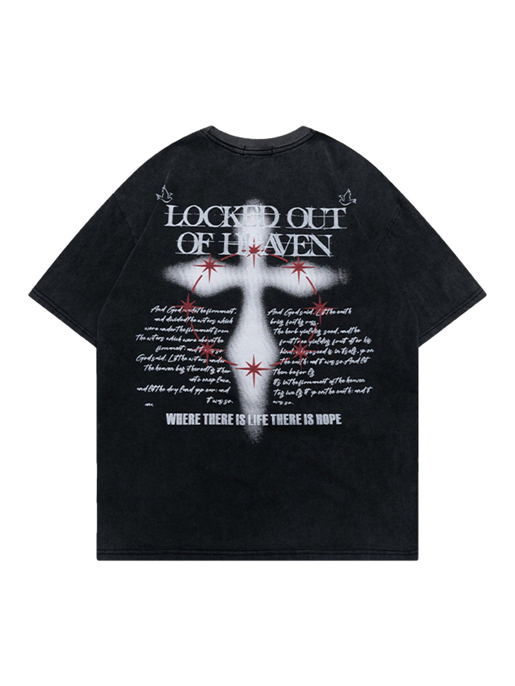 BLACK SHORT SLEEVE PULLOVER T-SHIRT WITH CROSS - TRENDY CASUAL ROUND COLLAR