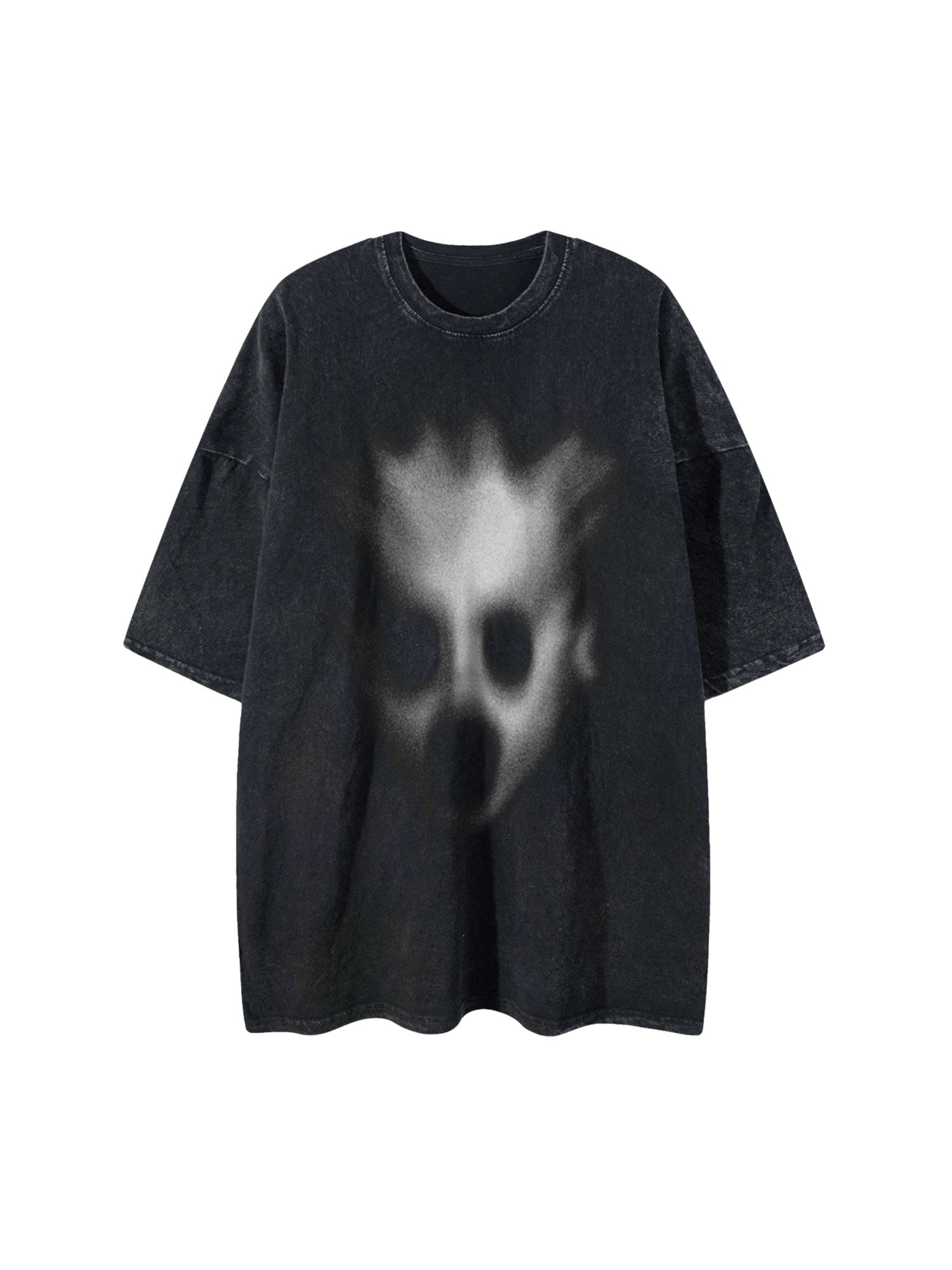 BLACK SHORT SLEEVE T-SHIRT WITH BLURRED SKULL GRAPHIC - TRENDY CASUAL WEAR